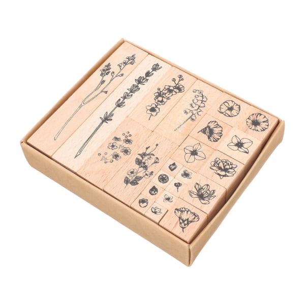 22-osainen set luovia puisia postimerkkejä Tee tee-se-itse leikekirja koristeleimoja tee-se-itse puiset sinetit (13x10,8 cm, vaaleanruskea)