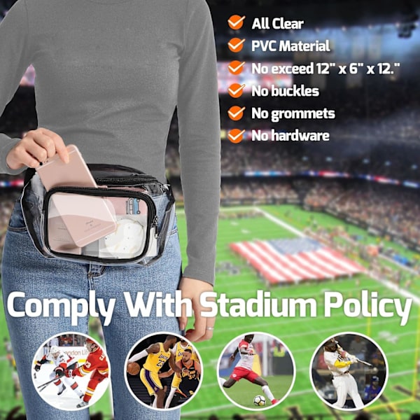 Transparent stadion godkänd midjeväska (2-pack) - Justerbar för män och kvinnor för sportevenemang, resor, strand och konserter (svart)