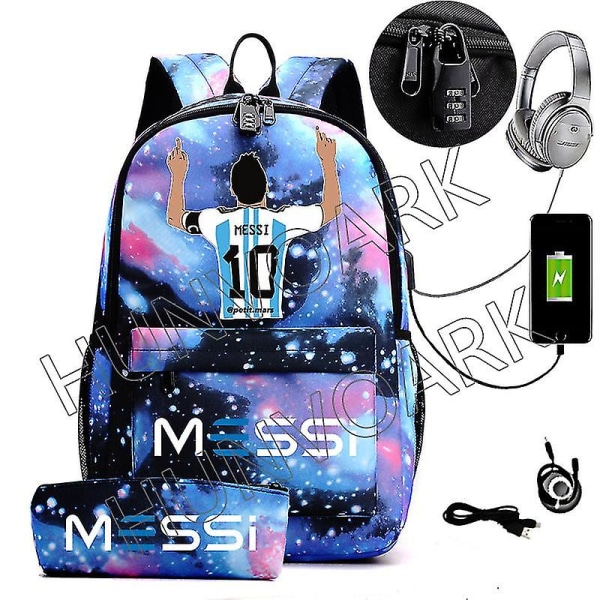 Messi vedenpitävä reppu USB casual matkareppu naisten miesten suurikapasiteettinen matkareppu kannettava reppu Koululaukut (hopea)