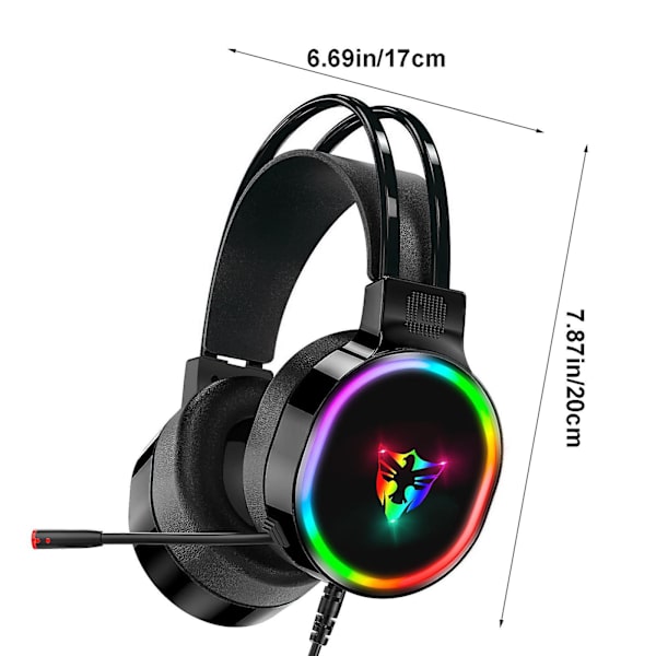 Gamingheadset med mikrofon, de flesta bärbara datorer, over-ear-hörlurar med LED RGB-ljus, brusreducerande mikrofon, 7.1 stereoljud FAN0482（Svart）