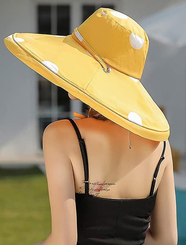 Dame Solhat Bred Skygge UPF 50+ Sommerhat Foldbar Floppy Strandhat til Kvinder-dot Gul