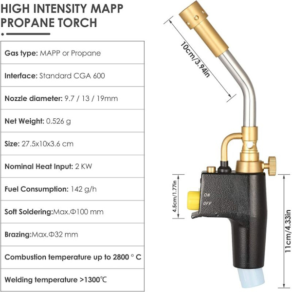 Högintensiv propangasbrännare, Mapp/Map gasbrännare med automatisk tändning och mässingsknopp, pennflamma svetsbrännare, bränsle