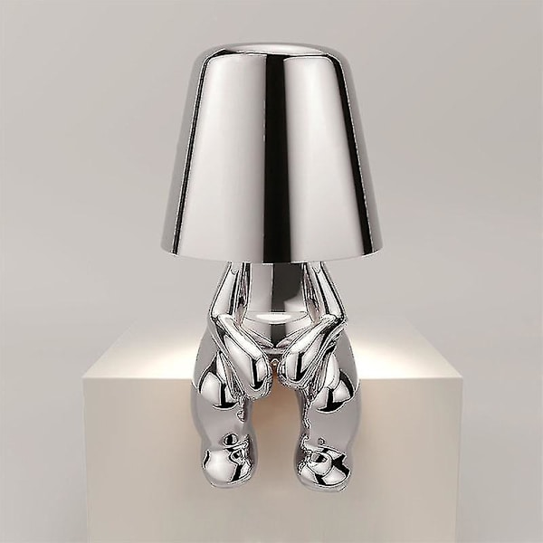 Italien Lille Gyldne Mand Bordslampe Resin Led Natlampe Kaffe Bar Soveværelse Værelse Dekoration Tegneserie Tænker Lamper Børnedag Gave（Sølv）