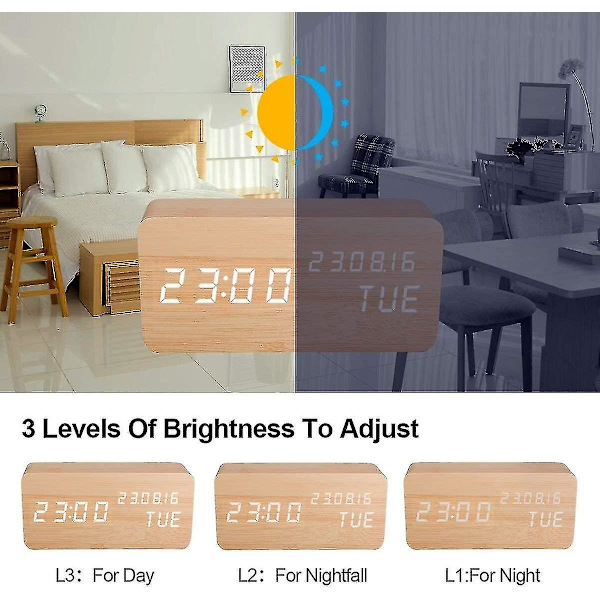 Artificiell trä LED väckarklocka, ljudaktiverad digital klocka, med temperatur/fuktighet/schema ljusstyrka