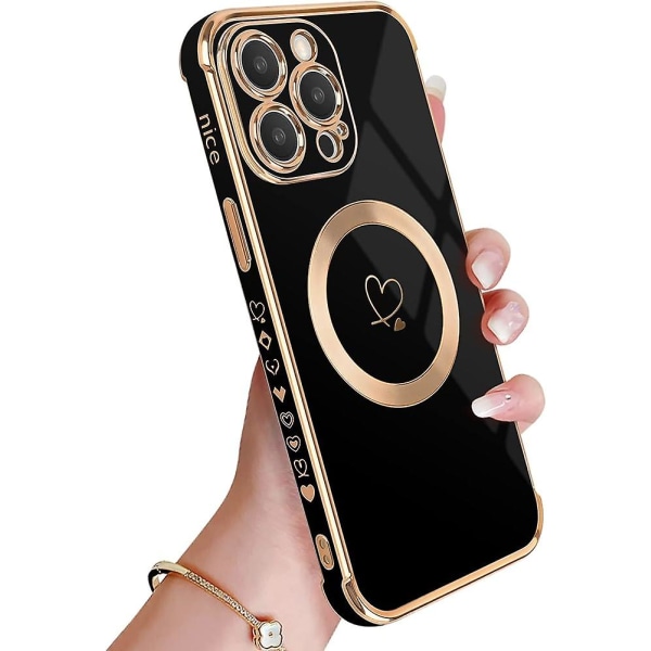 (svart) case till Iphone 14 Pro Max,] Söt hjärtformad case med guldpläterad kant, stötsäker case