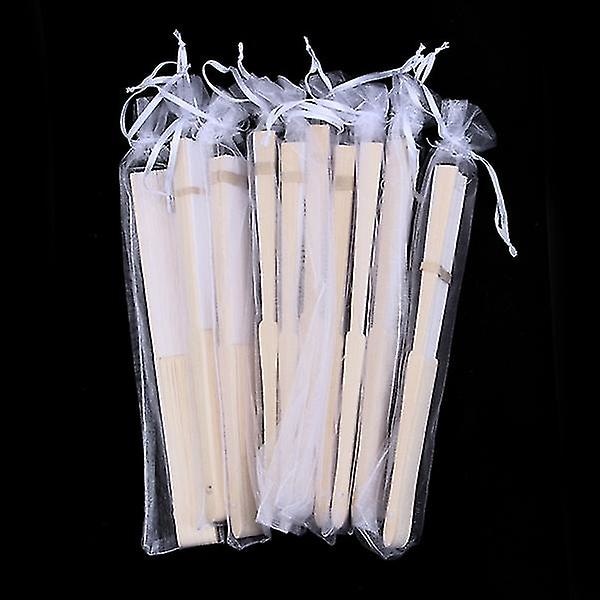 10x vifte i hvit silkestoff + bambus med gavepose i muslin til bryllup personlig dansende skrift（hvit）