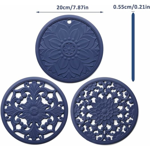 Set med 3 halkfria silikonunderlägg för grytor, grytunderlägg, tekanna, placemats, grytunderlägg, blå