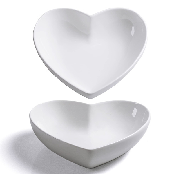 Stora hjärtformade skålar 2 st porslin vit hjärtformad skål för desserter/sallad/frukt/pasta eller romantisk middag, 23 cm