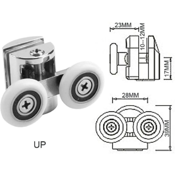 Set med 4 dubbla hjul - För skjutbara duschdörrar, 2 hjul 23 mm diameter zinklegering badrum