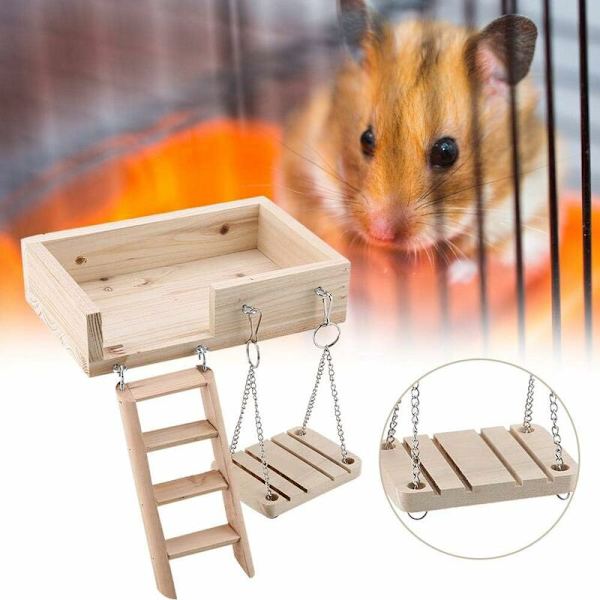 3 st Hamsterplattform Stege Set, Träleksaker för Smådjur