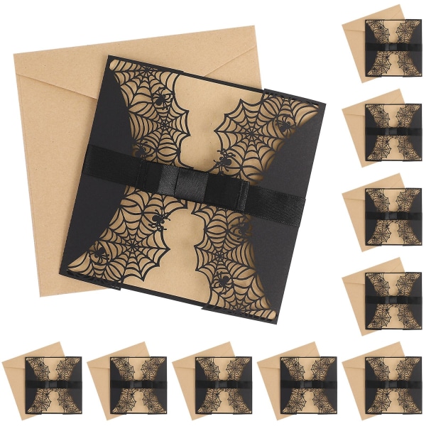 10 kreative snit halloween-invitationer hule horror-festinvitationskort Edderkoppewebdesignkort med sløjfer (sort) (10 ark, sort)