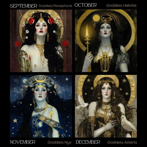 Dark Goddess 2024 -kalenteri musta seinäkalenteri Moon Phases kreikkalaisen mytologian lahja, 50 %:n tarjous