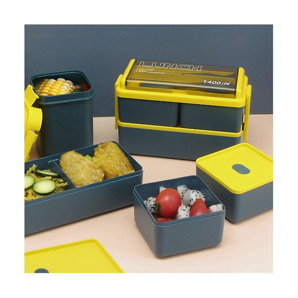 Dubbelskiktad bärbar lunchlåda med gaffel och sked Mikrovågsugn Bento-lådor Servis set Matförvaring