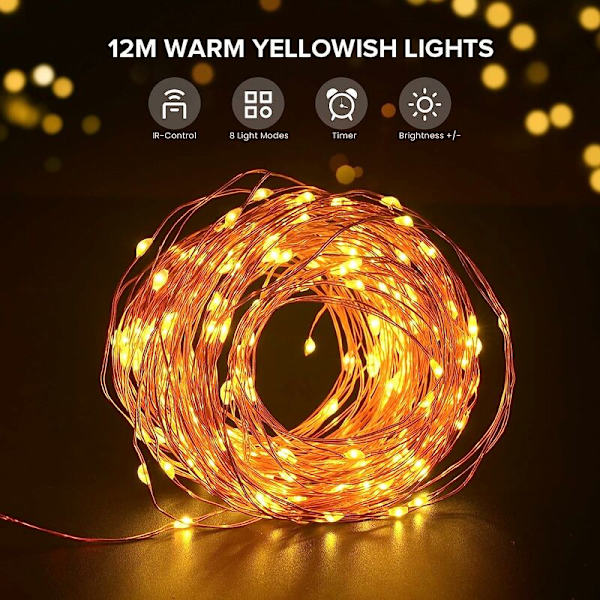 12M 120 LED ljusslinga, vattentät inomhusbelysning för Halloween jul bröllop födelsedag terrass trädgård (varmvit)