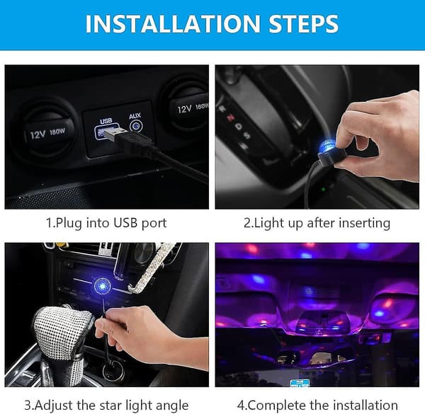 Usb-biltakslys, mini romantisk Usb Led-interiørbilbelysning med 4 farger_cc