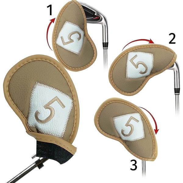Khaki - Golf Club Cover Irons Hodeplagg Protector Luxe Pu Leather 12 Pack, Golf Club Hodeplagg Sett med Enkelt Nummer Herre Dame