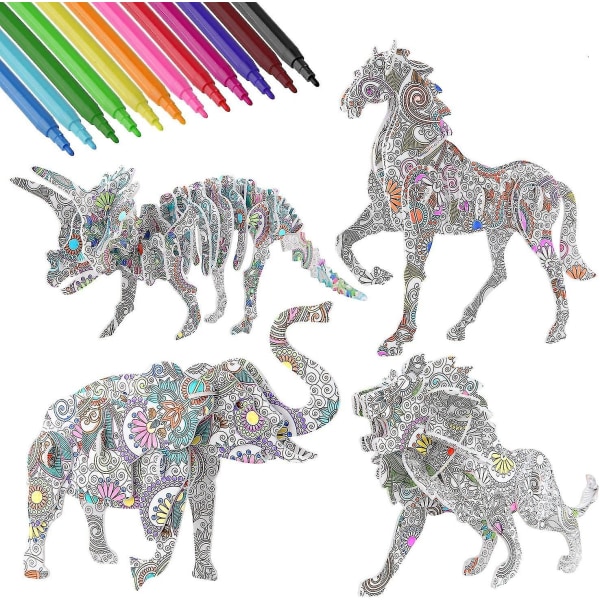 3D- set, 4 djur målarpussel med 12 pennmärken