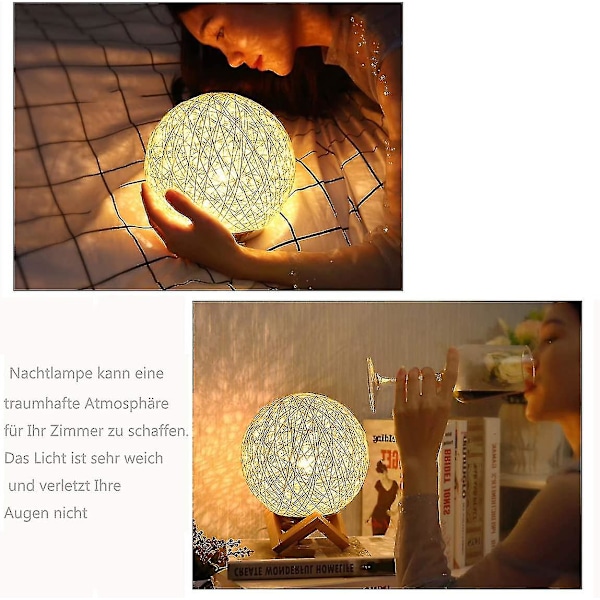 Led natlampe, sengelampe, rattan og træ soveværelse stemningslampe, USB genopladelig