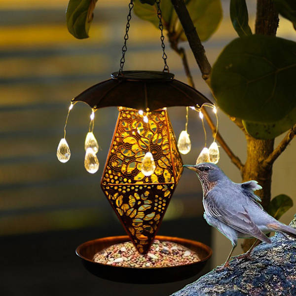 Järnsolcellsmatare för fåglar, marklampa, paraply, dropp-dropp, trädgård, innergård, utomhusdekorationer, innergårdssoda (brun)