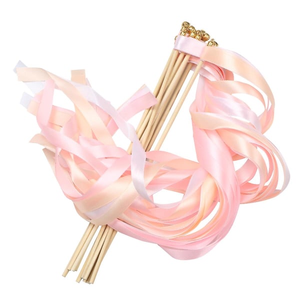 10-pak lyserøde bryllupsudsøgte bånd Streamers Fairy Wands Cheer rekvisitter Festartikler favoriserer med guldklokker (1,5 cm X 60 cm, lyserød)