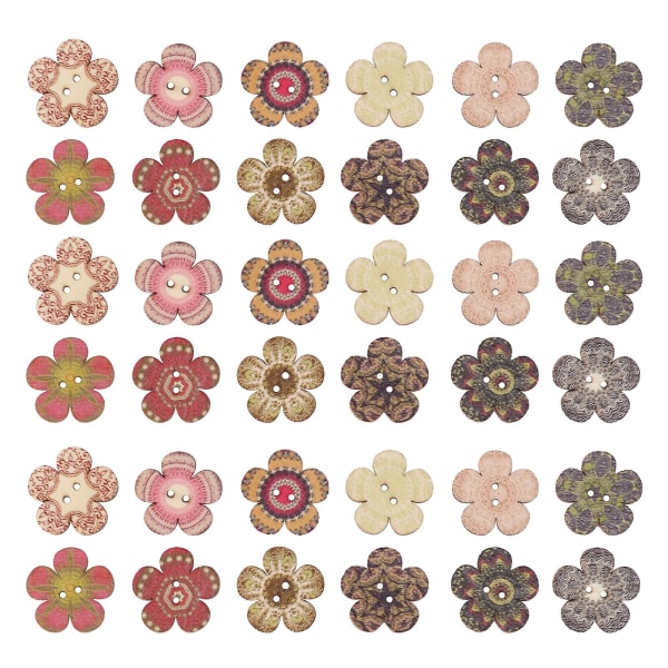 100 klærknapper i tre DIY blomsterformede knapper malte knapper (2X2 cm, farge)
