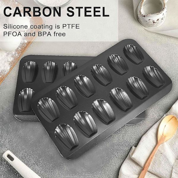 2 pakker Non-stick Madeleine-gryde, bageform 12 med skal kage bageplade chokolade Non-stick Bak（sort）