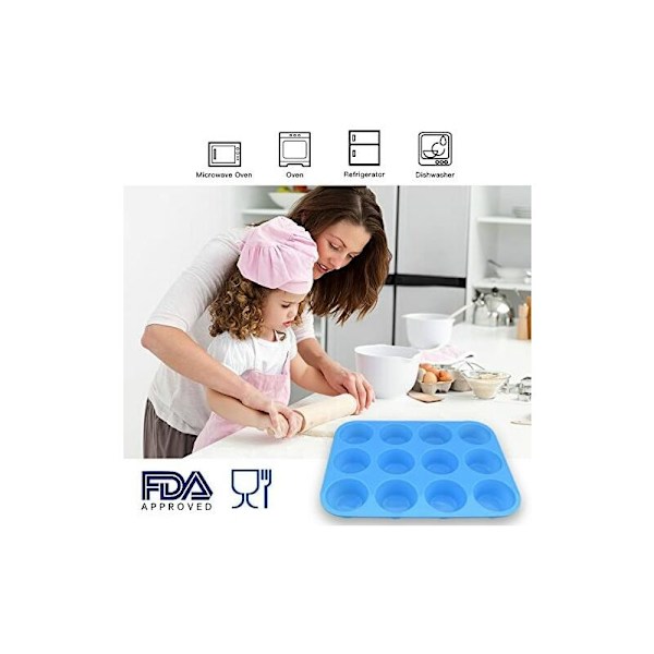 12-koppars silikonmuffinsformar, 3-pack nonstick muffinsformar, cupcakes, paj, äggbitar bakform - Blå