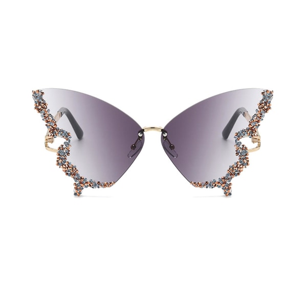 Luksus Diamond Butterfly Solbriller Kvinder Vintage Kantløse Oversized Rhinestone bling Solbriller（Grå）