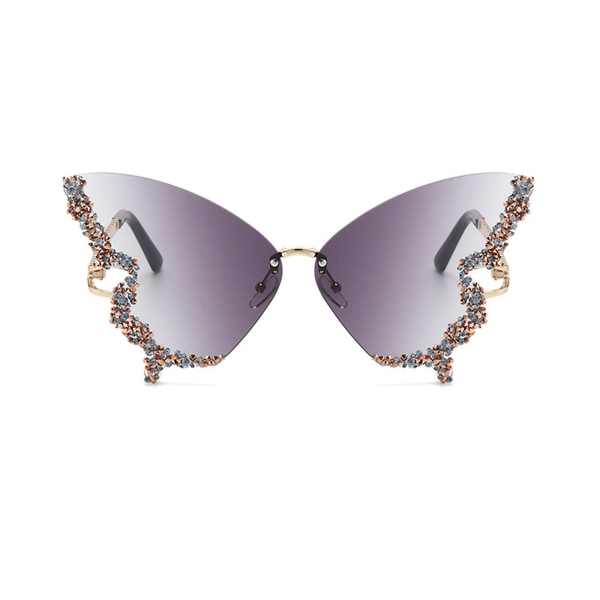 Lyxiga diamantfjäril solglasögon kvinnor vintage ramlösa överdimensionerade strass bling solglasögon（Grå）