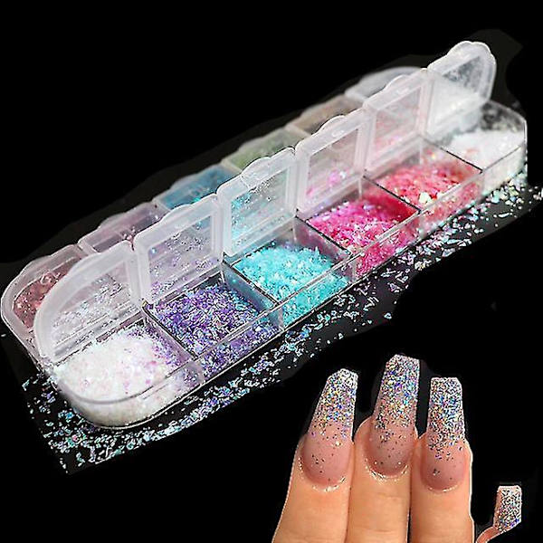 12XSP Holografiskt Glitter för Nagelkonst 3d Färg Full Flakes