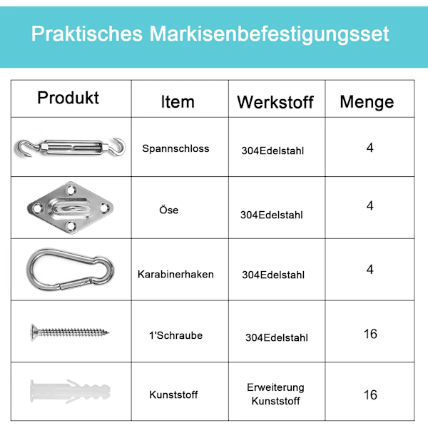 Monteringssats för solsegel i rostfritt stål, monteringssats med skruvar, monteringstillbehör, 12-delars set + 16 skruvar