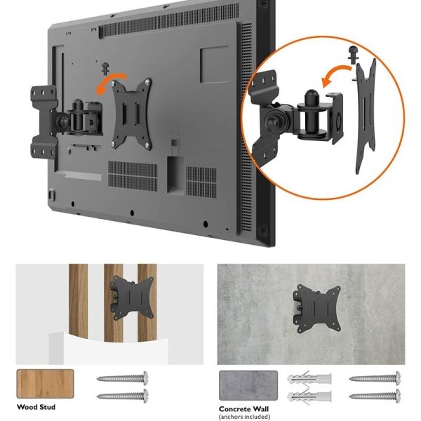 Universell lutnings- och vridbar PC-skärmväggfäste för 13-30\" skärmar och platta/böjda TV-apparater, upp till 25 kg, VESA 75x75 / 100x100mm