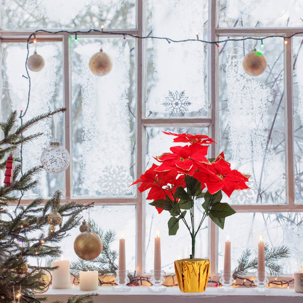 Dekorationer Konstgjorda Krukväxter Julstjärna Plastprydnader 7 Huvuden Falsk Blomma