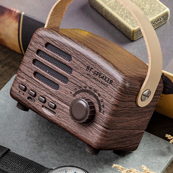 Bärbar retro Bluetooth-högtalare nostalgisk plugin trådlös ljud FM-radio uppgradering lång Bluetooth-högtalare med handtag（Brun）