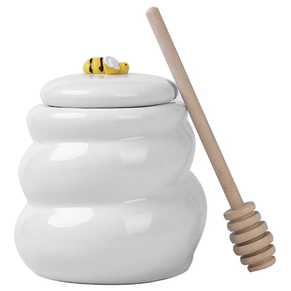 Hunajapurkki keraaminen hunajapurkki kannella lusikkatikku hunajapurkkiastia kotikeittiö (11X10X10CM, valkoinen)