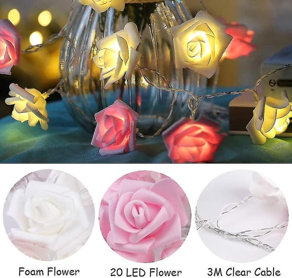 Shirylzee Rose Flower String Lights 3m 20 Led String Lights Heminredning（Som visas）