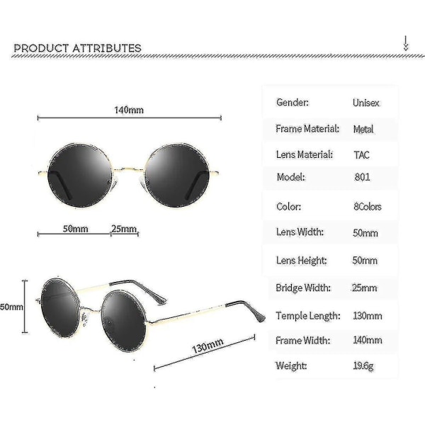 Vintage runde John Lennon polariserte solbriller for menn kvinner sirkel hippie solbriller_l24（2 pakke (svart gull)）