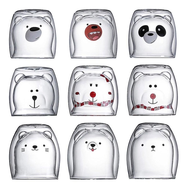 260ml söt djur dubbelväggig isolerad glas kaffekopp tekopp handtag（Panda stil，Flerfärgad）