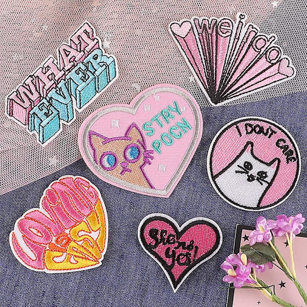 6 stk., Cat Love Letter, søde broderede stryge-på og sy-på patches til jakke, hat, rygsæk, jeans