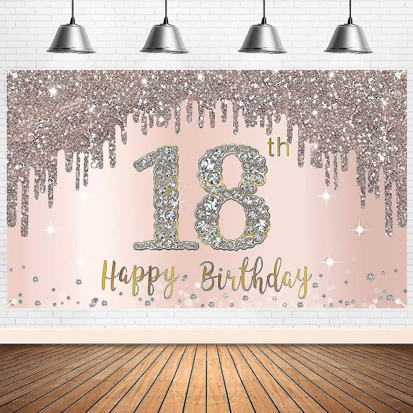 Happy 18th Birthday Banner Backdrop Decorations For Girls, Rose Gold 18 Birthday Party Sign Supplies, Pink 18 Year Old Birthday Poster Background Phot