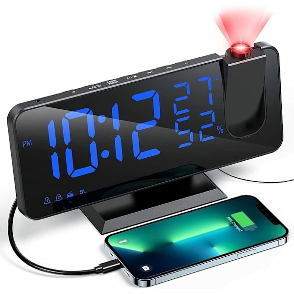 Projektorväckarklocka med radio, digital klocka, USB-väckarklockradio med dubbla alarm och 7(blå bokstav) LED-spegelskärm