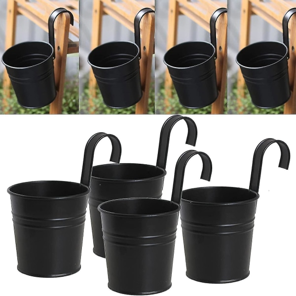 Sæt med 4 sorte jern hængende pottepotter med aftagelig krog til udendørs indendørs eller udendørs