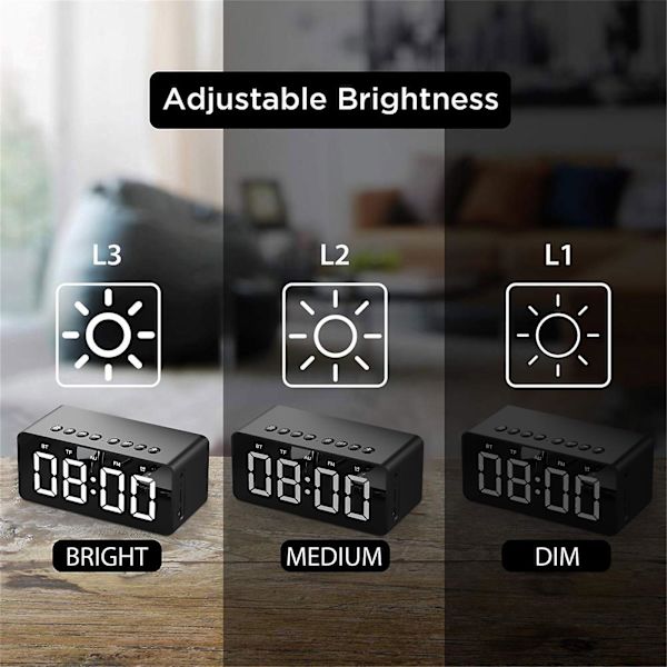 3 i 1 väckarklocka digital klocka med Bluetooth-högtalare högtalare för PC spegel stor LED-display handsfree-samtal stöd kort AUX（svart）