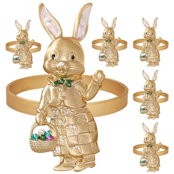 6-pack påskehare serviettringer Søt dyr kaninform dekorativ serviettringholder (5.00X4.00X2.30CM, gull)