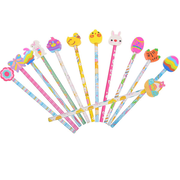 12-pack påskpennor för barn, träpennor, suddbara pennor, påskpennor i bulk, elevpennor (18,5 x 3 cm, slumpmässig färg)
