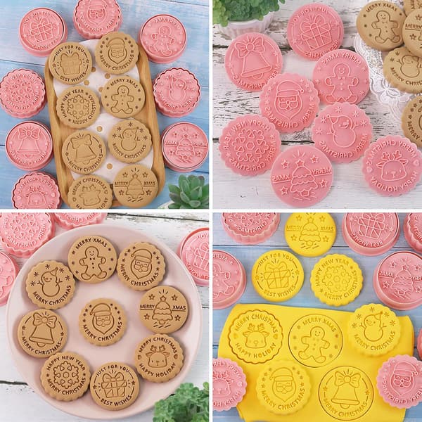 Julekakeformsett, 8-delt plaststempelsett for baking og dekorering