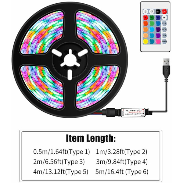 4M RGB LED-remsor med 24-tangenters fjärrkontroll 16 färger Flexibla LED-lampor Vattentät TV-bakgrundsbelysning USB-driven tejplampa för heminredning