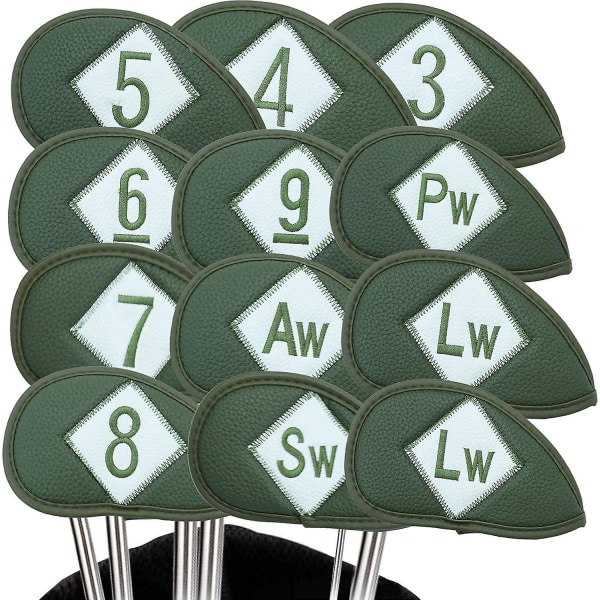 Vihreä - Golfmailan cover päähineiden suojus, ylellinen Pu-nahkainen 12-pakkaus, golfmailan päähineet set yksinkertaisella numerolla miesten naisille