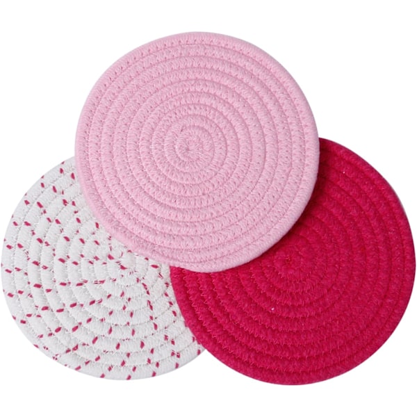 Rosa 3-delars set: 100 % bomullssnöre flätad grytunderlägg set, 7\" diameter