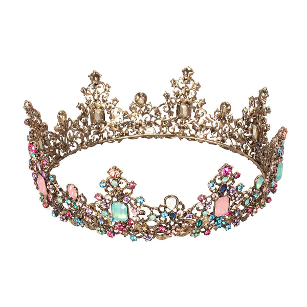 Stor rund retro tiara fargerik antikk messinglegering krone tiara bryllup bursdagsfest hårtilbehør (menn, gull)